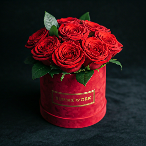 Luxury bloom box with deep crimson roses tucked into velvet packaging