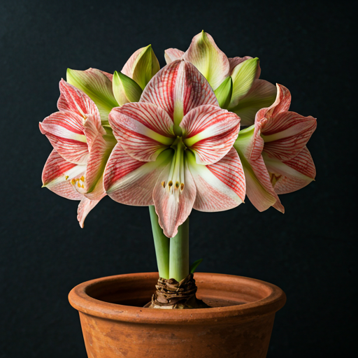 Statuesque amaryllis bloom in a deep clay-toned vessel