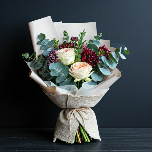 Handcrafted bouquet of rare wildflowers and dark eucalyptus wrapped in textured linen