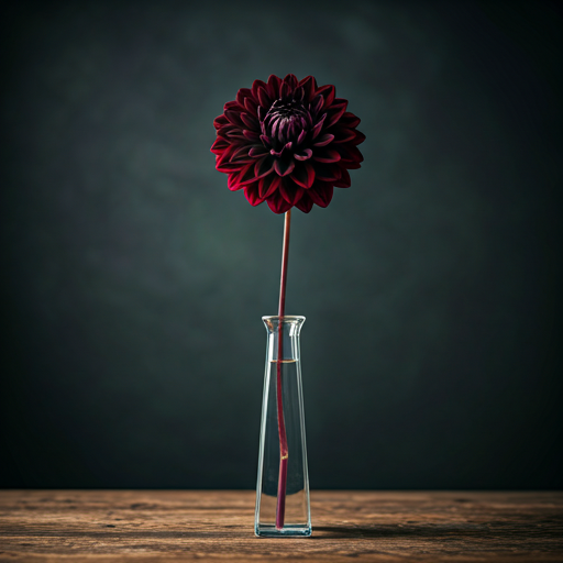 Single stem of a rare black dahlia in a crystalline glass tube