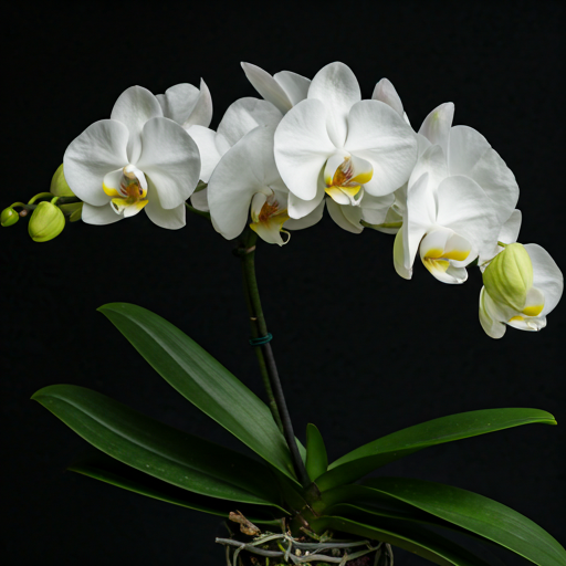 Exotic white orchids in high contrast lighting against a black background