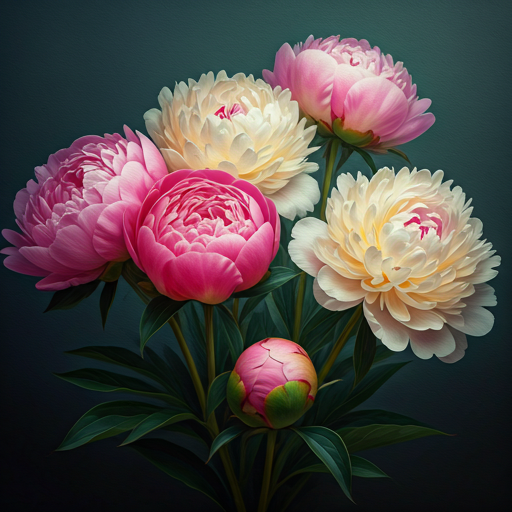 Lush blooming peonies in soft pink and cream tones with painterly light