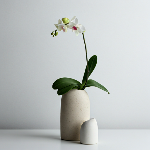 Minimalist ceramic vase arrangement with a single sculptural orchid stem